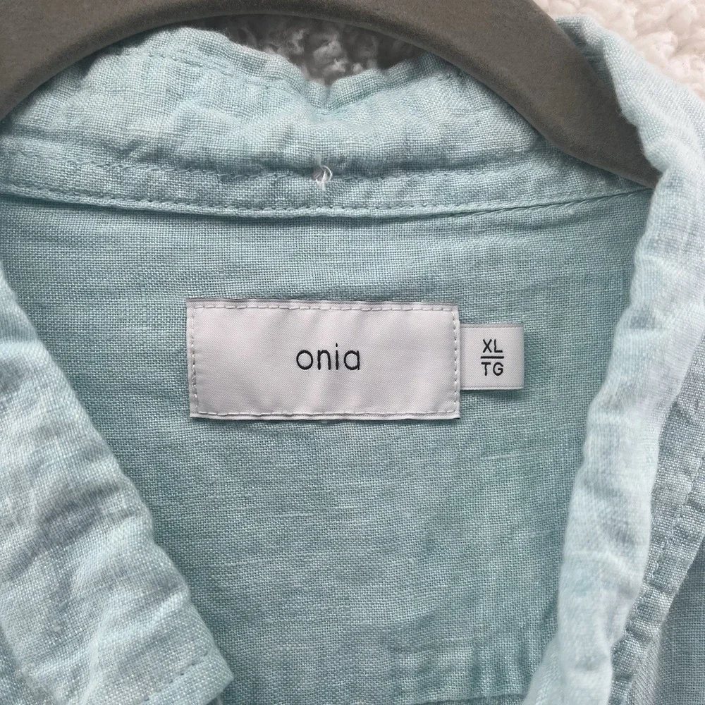 Onia Linen Shirt Men Medium Teal Blue Standard Short Sleeve Designer $150